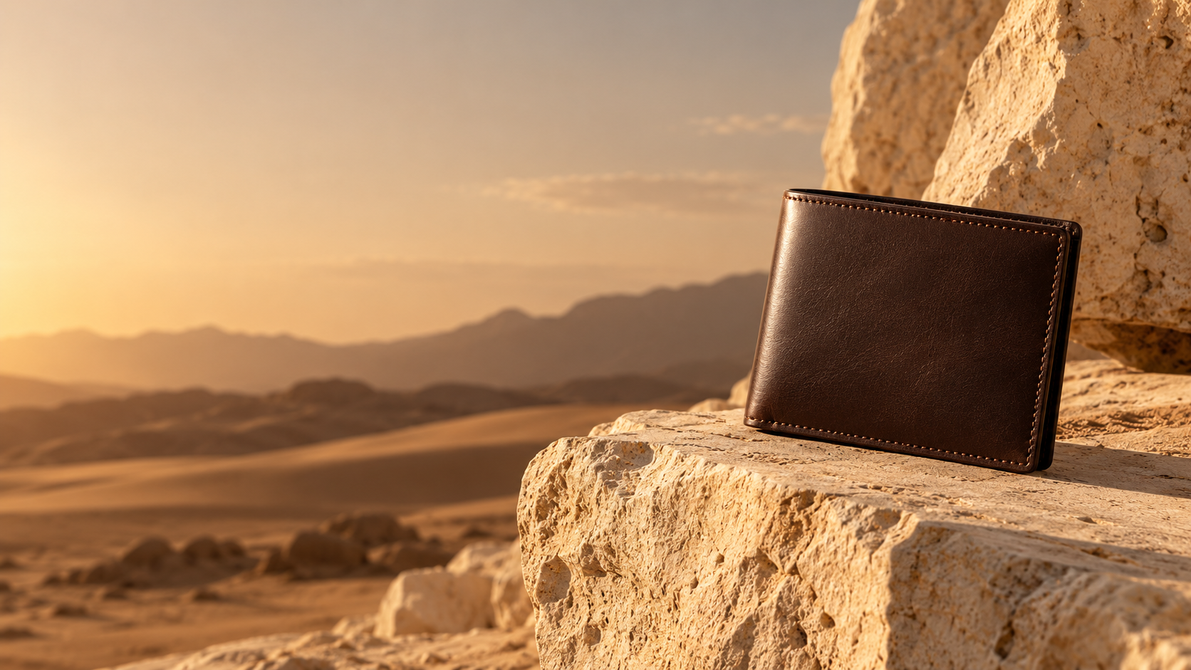 Dark leather wallet on warm natural stone