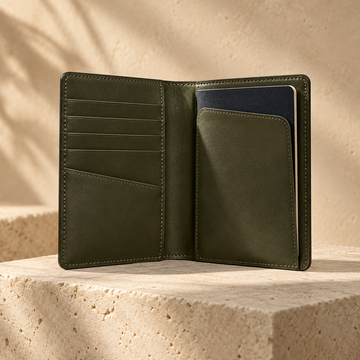 Leather details of the VANTA travel wallet